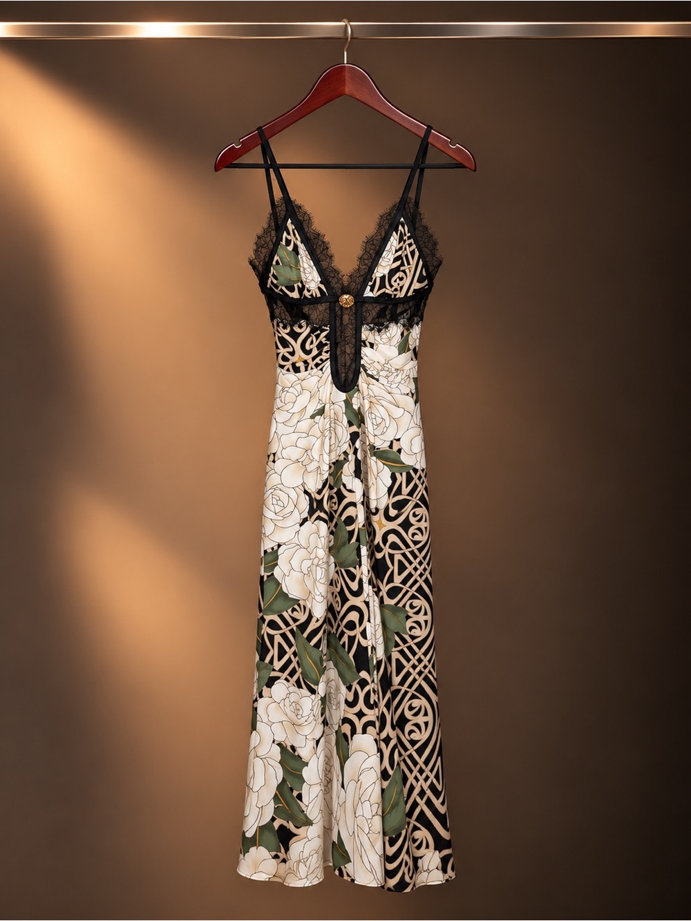 Roberto Cavalli Y2K Silk Rose Print Lace Slip Dress Art Nouveau IT 38 US 2